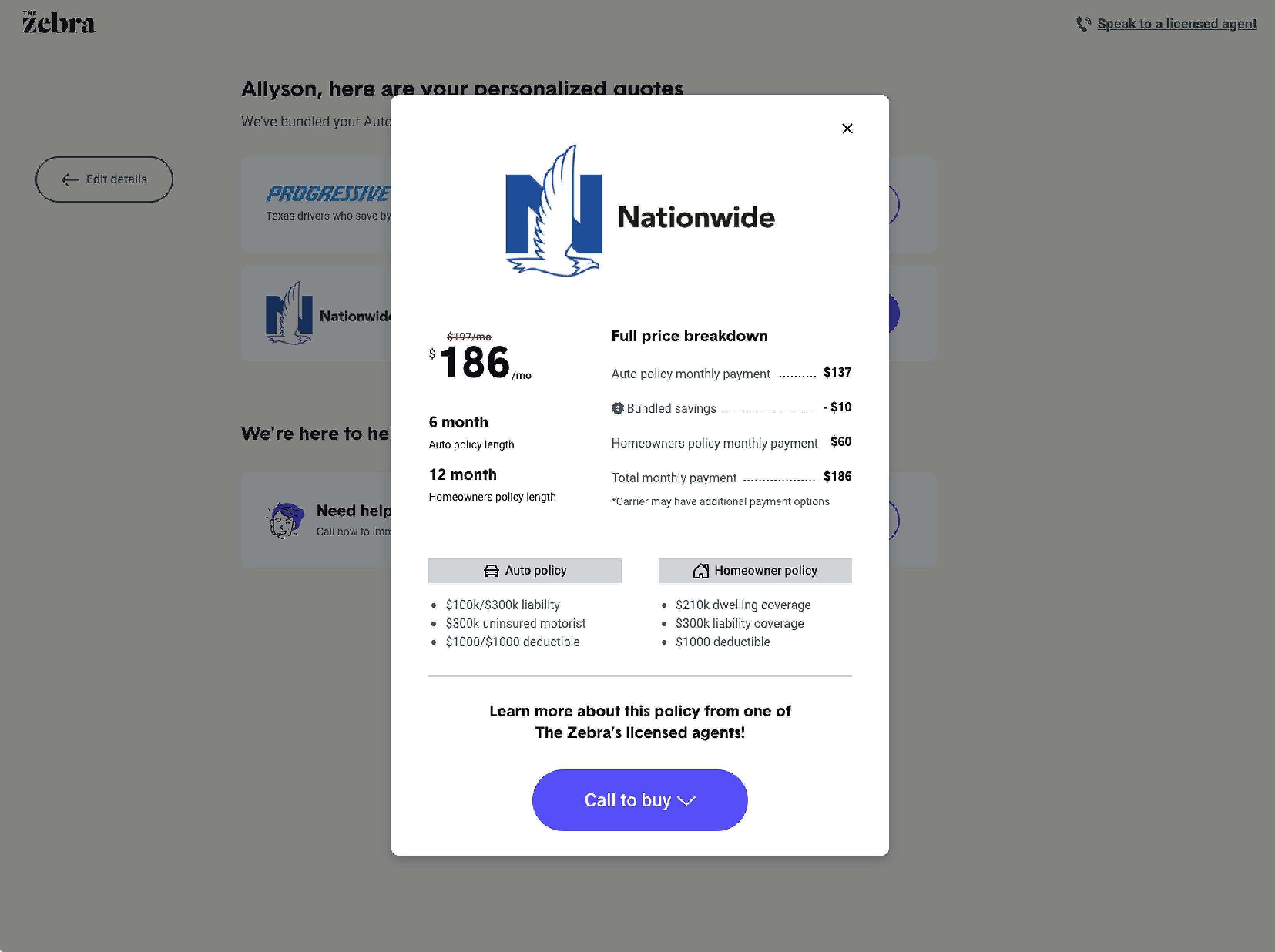 Screenshot of what you comparing quotes for home and auto insurance through The Zebra